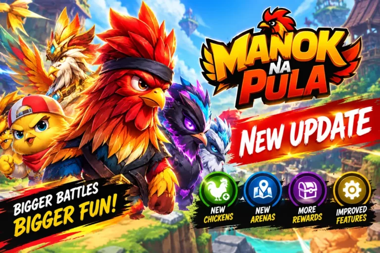 Manok Na Pula new update banner showing new chickens, new arenas, more rewards and improved features