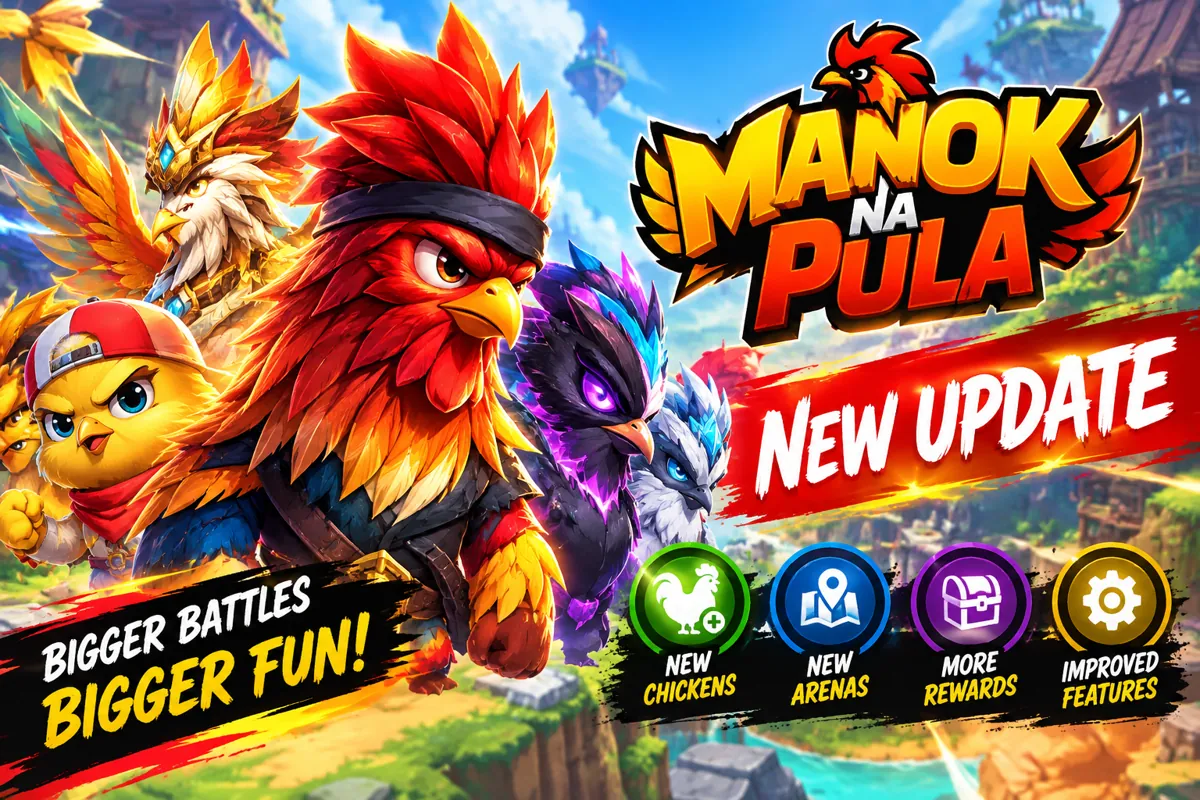 Manok Na Pula new update banner showing new chickens, new arenas, more rewards and improved features